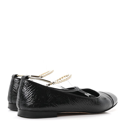 Chanel Shiny Lambskin Pearl Cap Toe Ankle Chain Ballerina Flats 41 Black 5 of 9