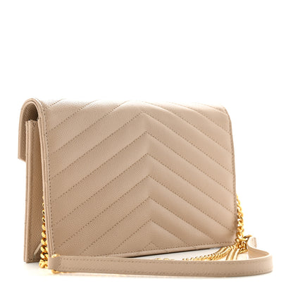 Saint Laurent Grain De Poudre Matelasse Chevron Monogram Envelope Chain Wallet Dark Latte 3 of 12