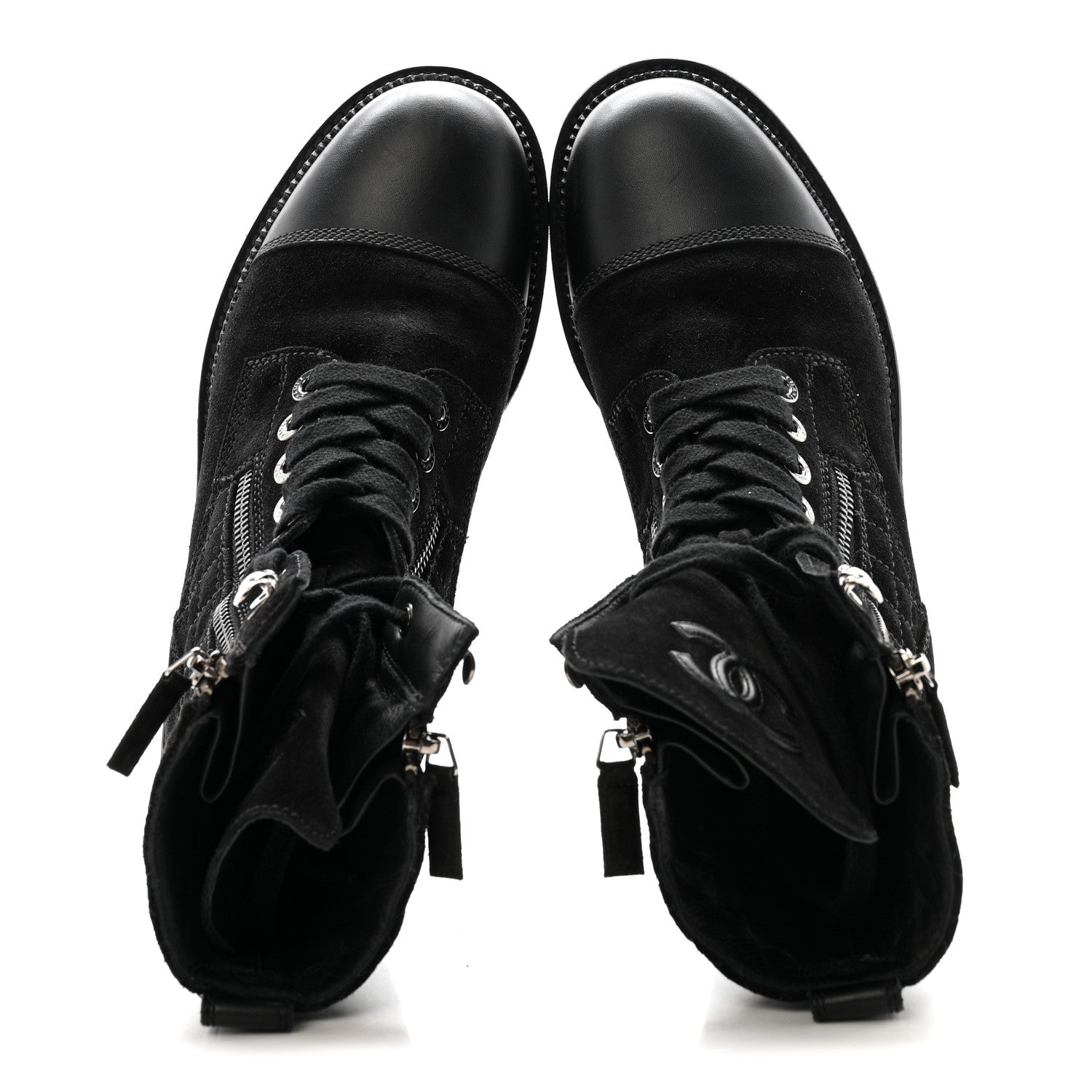 Chanel Suede Calfskin Quilted Lace Up Boots 38 Black 4 of 22