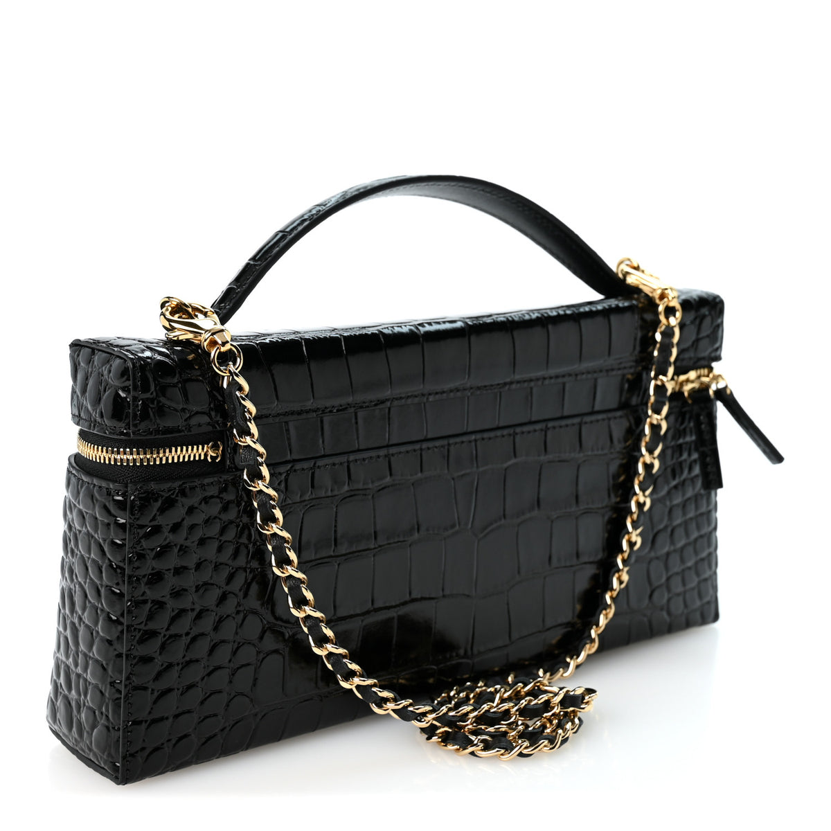 Chanel Calfskin Crocodile Embossed Crococo Top Handle East West Vanity Case With Chain Black 3 of 11