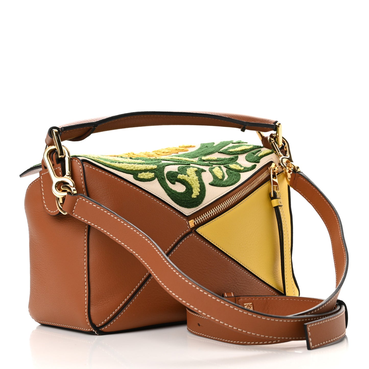 Calfskin Embroidered Floral Small Puzzle Bag Tan Yellow