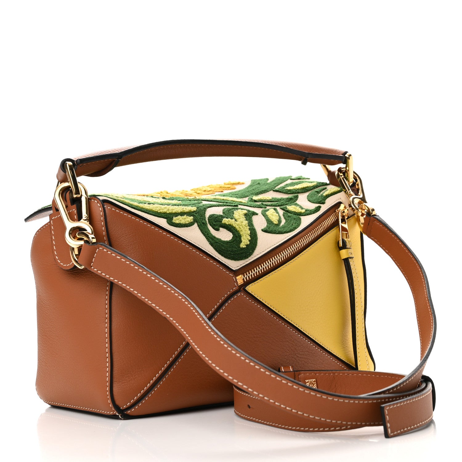 Loewe Calfskin Embroidered Floral Small Puzzle Bag Tan Yellow 3 of 9