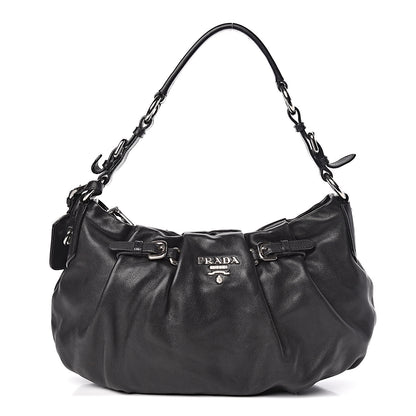 Prada Soft Calf Pleated Hobo Black 1 of 10