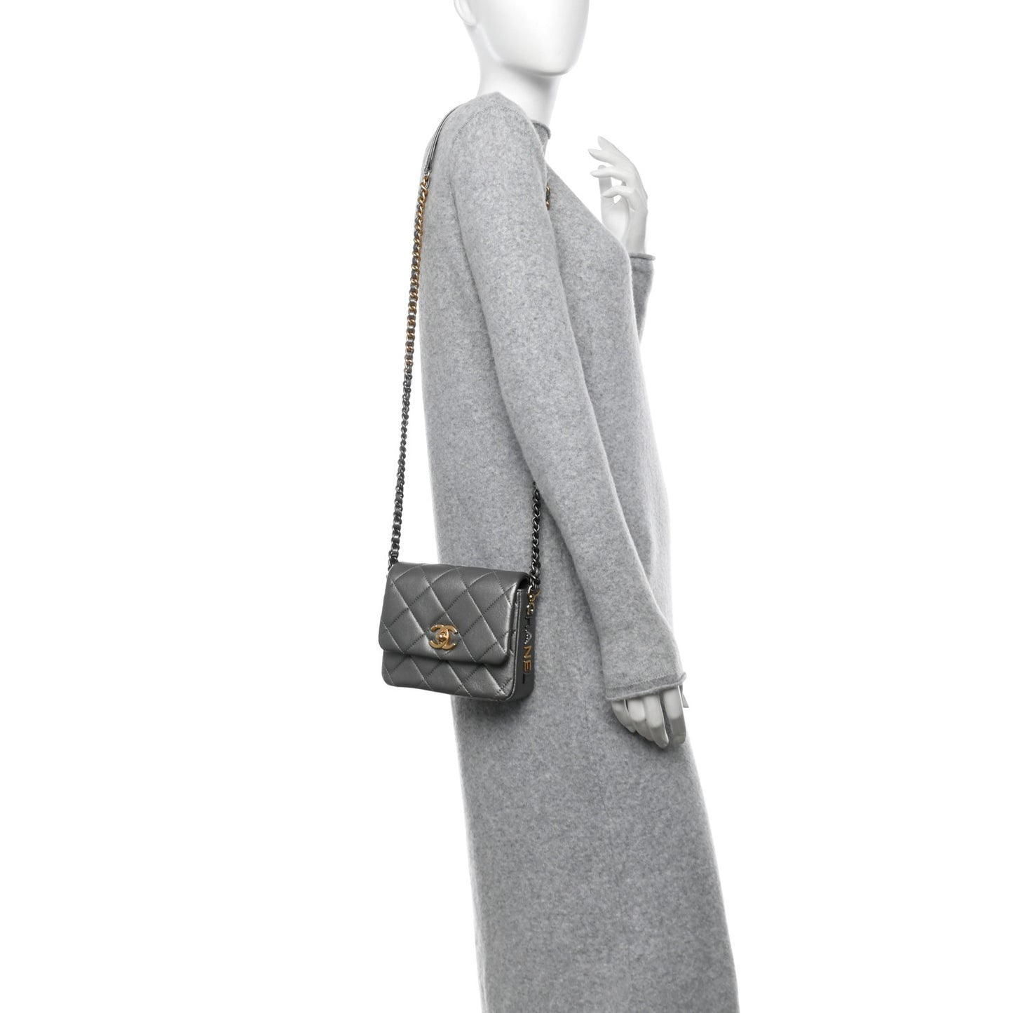 Metallic Lambskin Quilted Mini Side Note Flap Grey