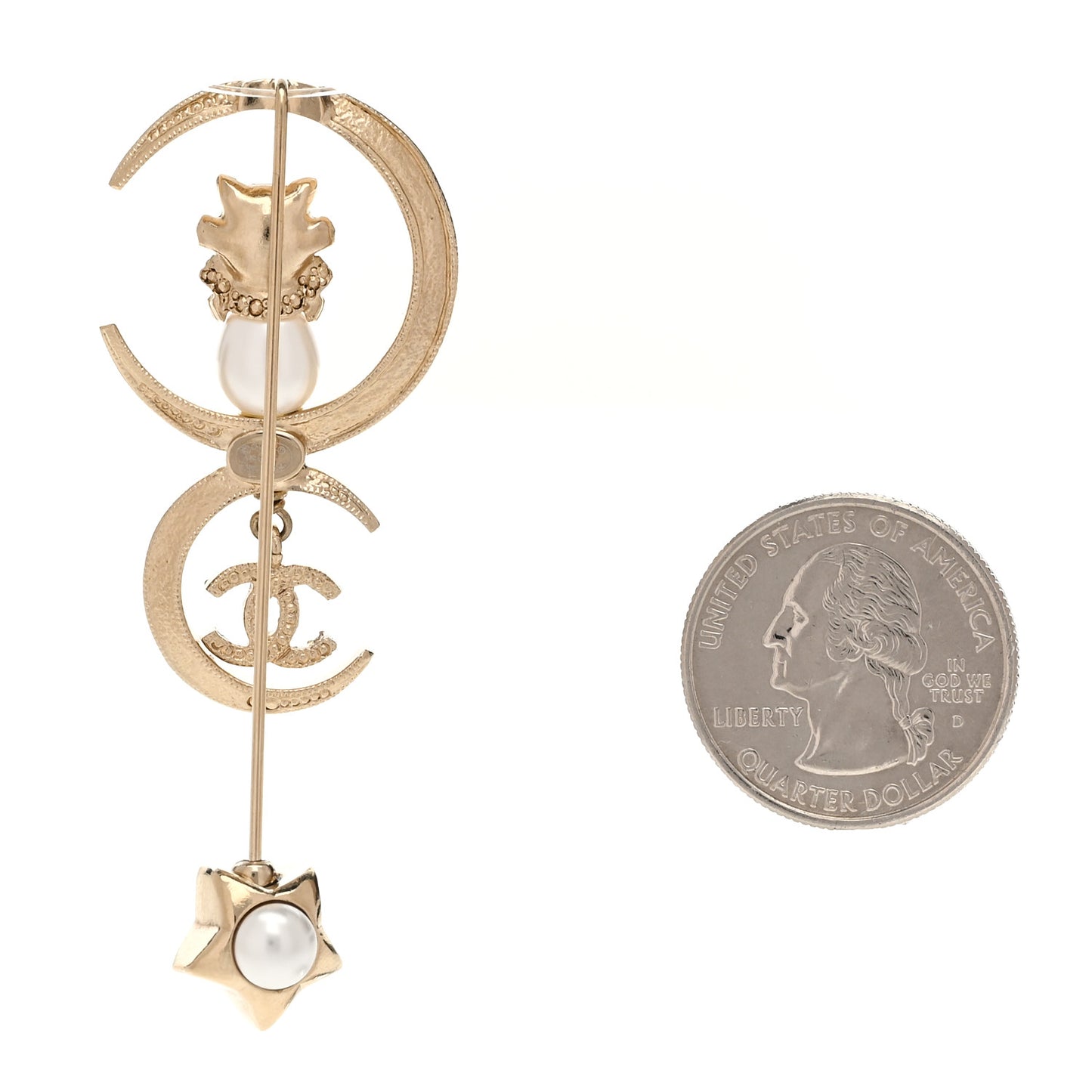 Pearl Crystal CC Drop Cat Moon Brooch Gold