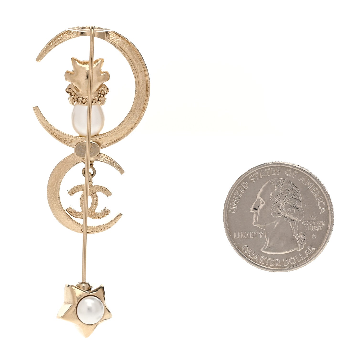 Chanel Pearl Crystal CC Drop Cat Moon Brooch Gold 2 of 4