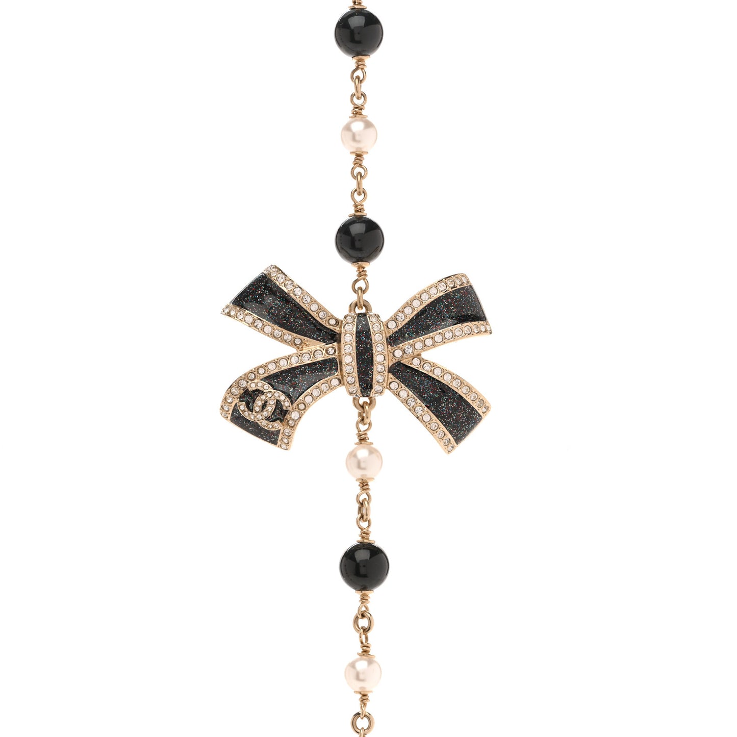 Glitter Enamel Crystal Bow CC Long Necklace Black Gold