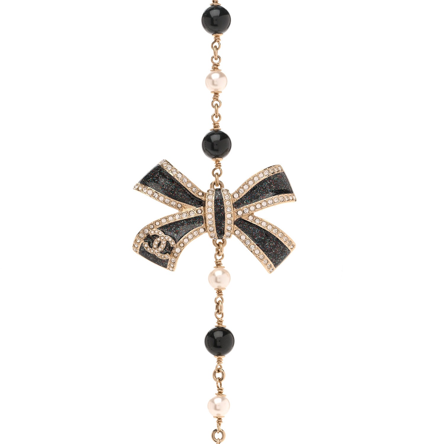 Chanel Glitter Enamel Crystal Bow CC Long Necklace Black Gold 4 of 6
