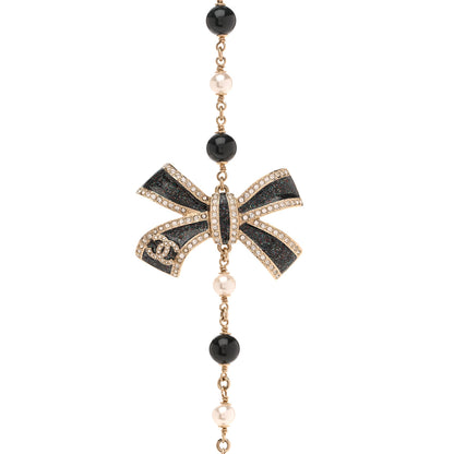 Chanel Glitter Enamel Crystal Bow CC Long Necklace Black Gold 4 of 6