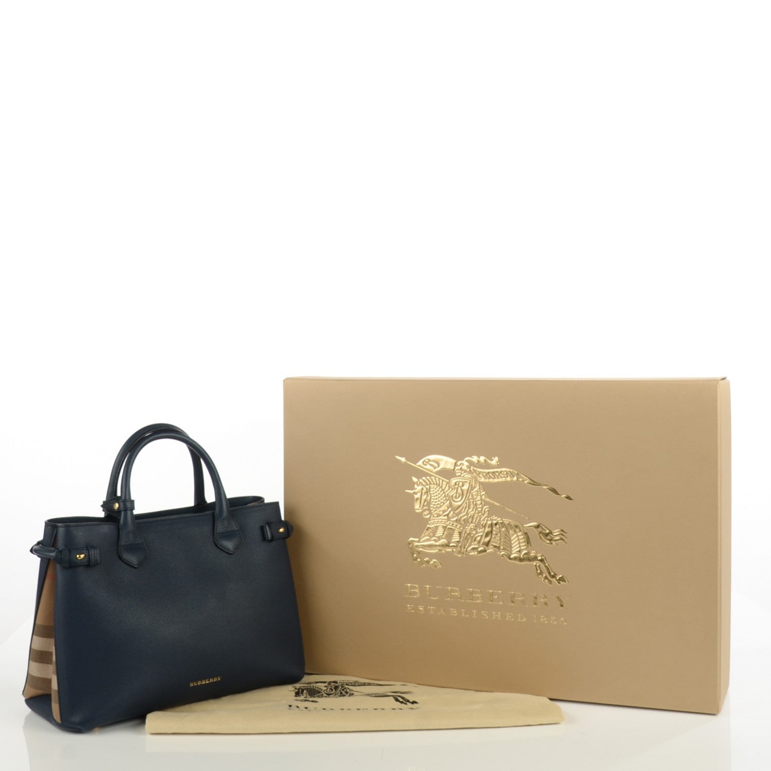 Burberry Grainy Calfskin House Check Medium Banner Tote Ink Blue 9 of 12