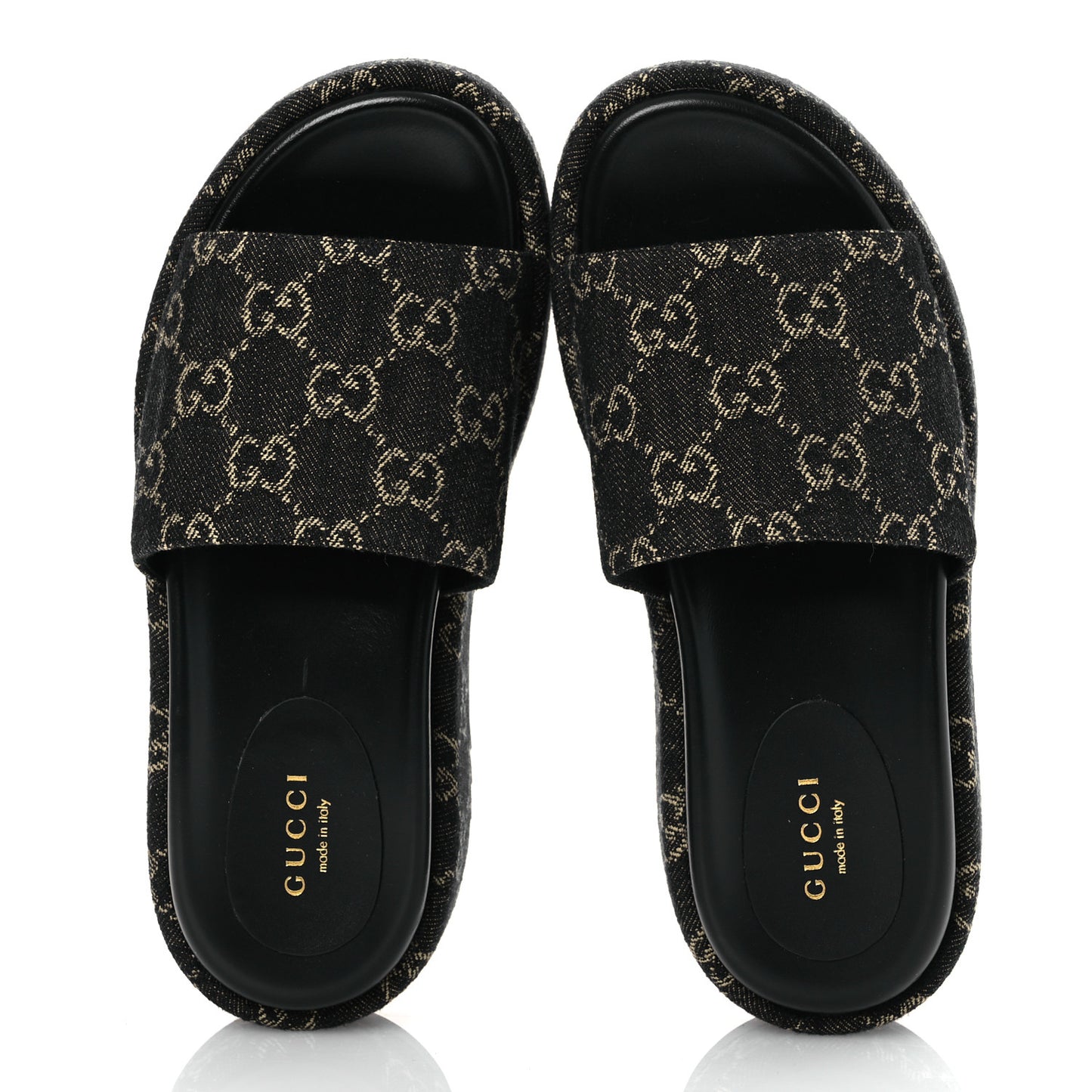 Jacquard Black Denim GG Monogram Angelina Platform 55mm Slide Sandals 35.5 Black Ivory