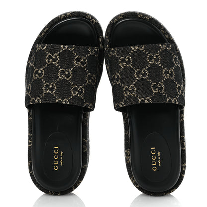 Gucci Jacquard Black Denim GG Monogram Angelina Platform 55mm Slide Sandals 35.5 Black Ivory 2 of 11