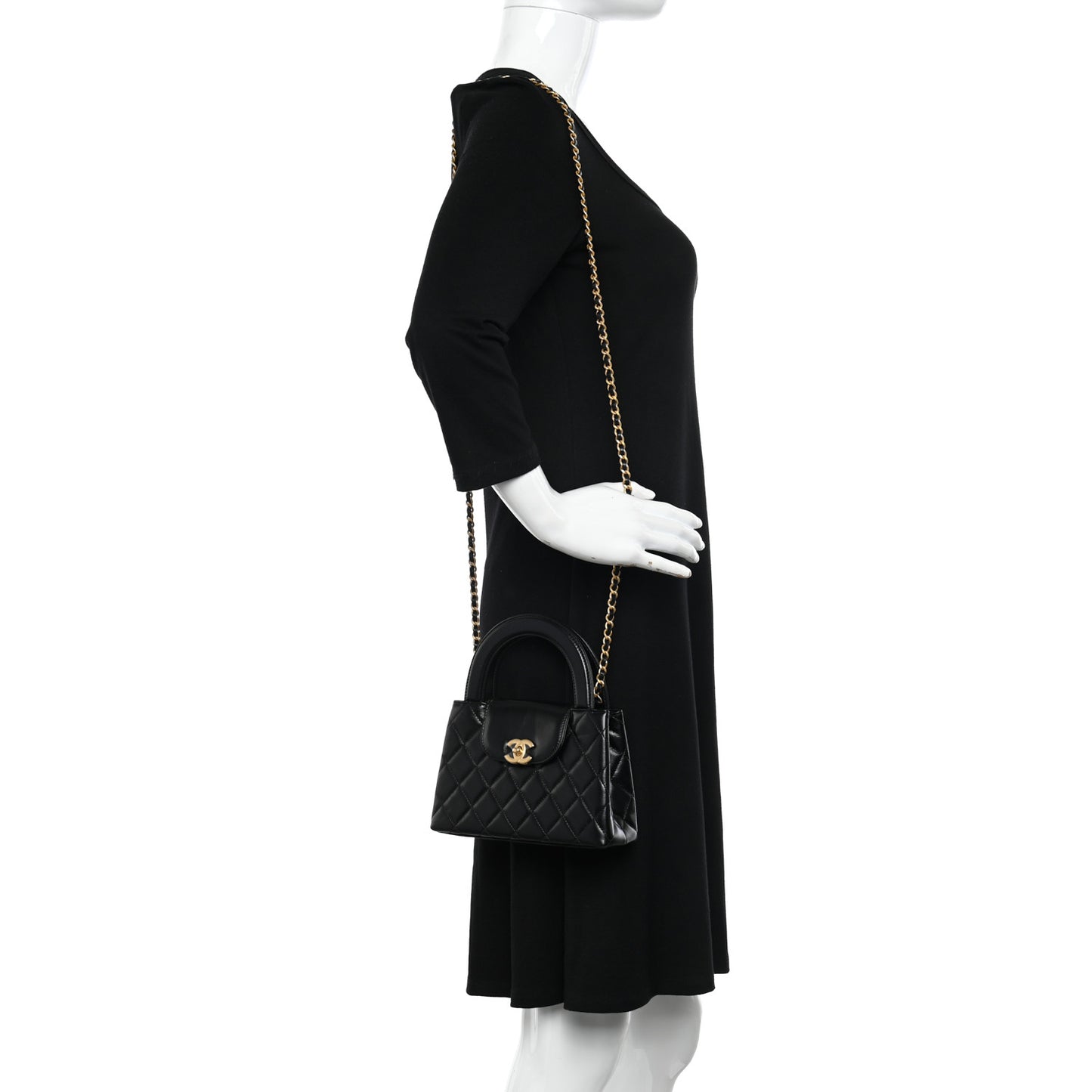 Shiny Aged Calfskin Quilted Nano Kelly Shopper Black
