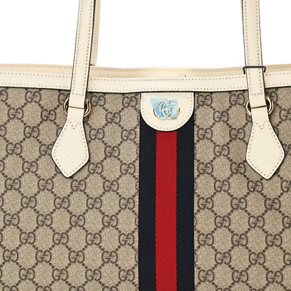 Gucci GG Supreme Monogram Textured Dollar Calfskin Web Medium Ophidia Shopping Tote Beige Ebony Mystic White 9 of 11