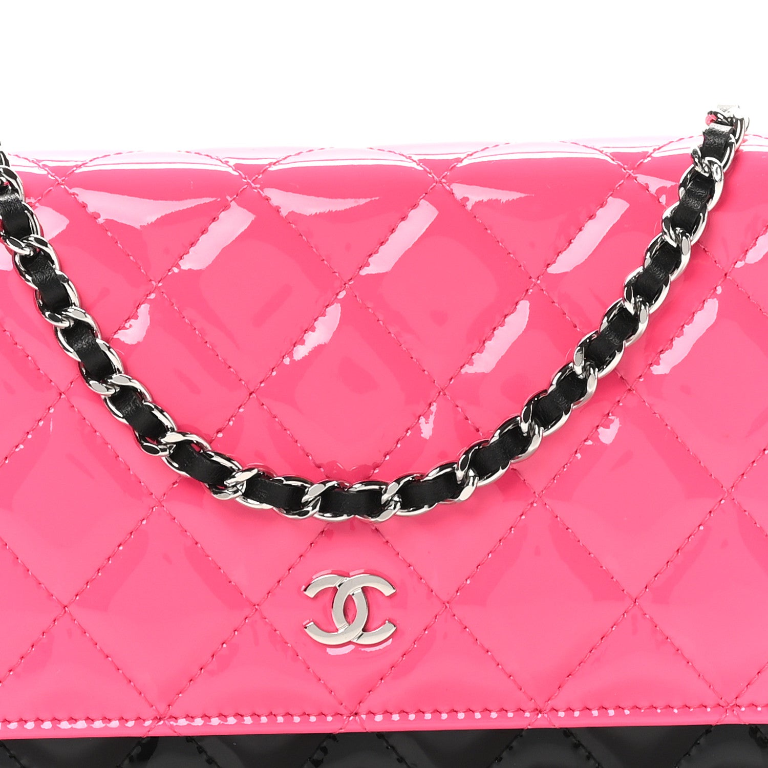 Chanel Patent Quilted Bi-Color Wallet On Chain WOC Pink Black 9 of 12