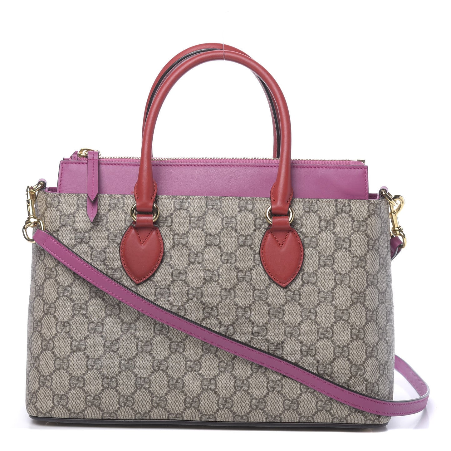 GG Supreme Monogram Moon Calfskin Small Zip Top Tote Beige Ebony Hibiscus Red New Rosette