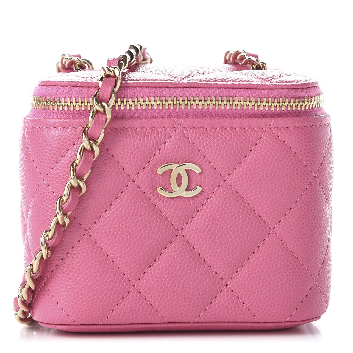 Caviar Quilted Mini Vanity Case With Chain Pink