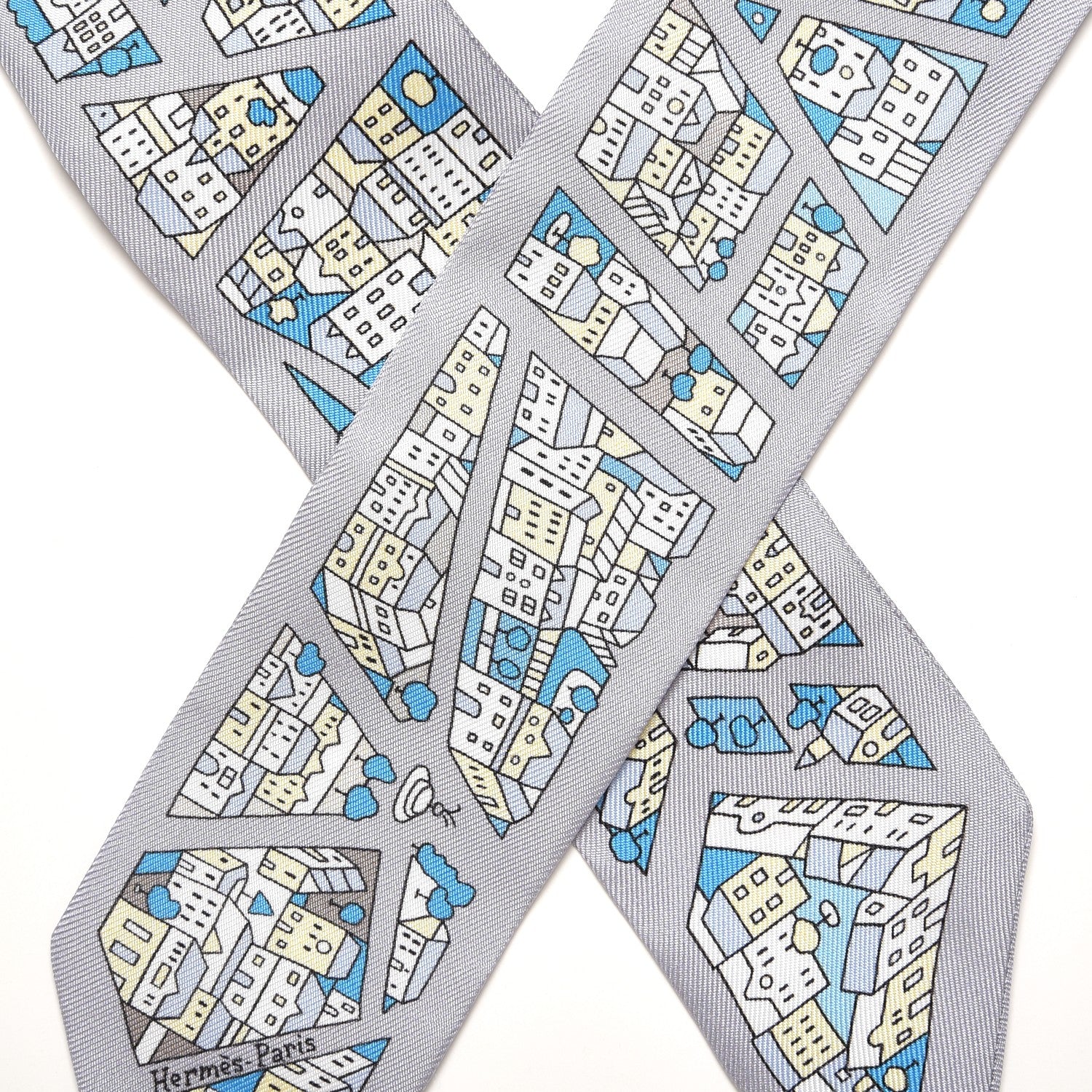 Hermes Silk Rire Droite Rive Gauche Twilly Gris Perle Bleu Jaune Pale 4 of 7