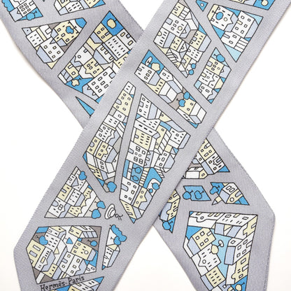 Hermes Silk Rire Droite Rive Gauche Twilly Gris Perle Bleu Jaune Pale 4 of 7