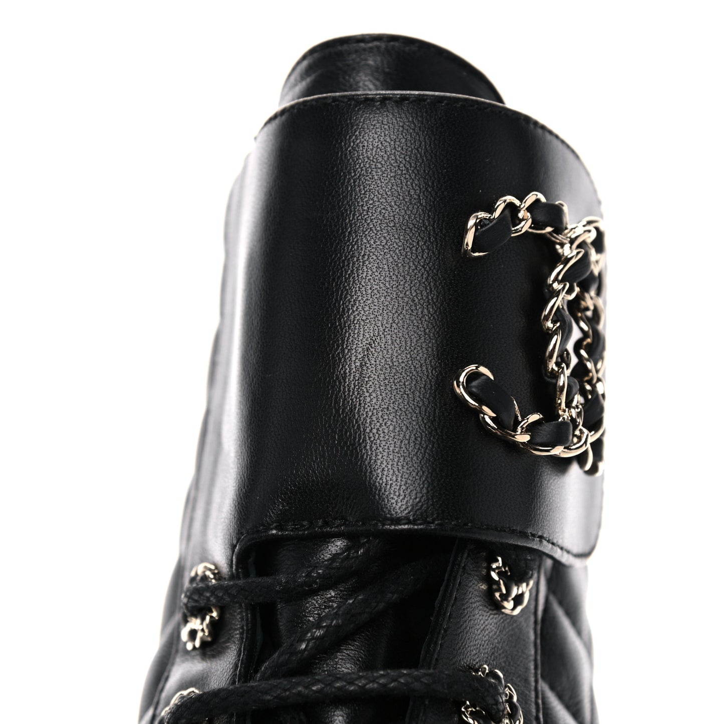 Shiny Lambskin Quilted Lace Up Combat Boots 39.5 Black