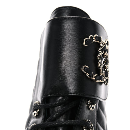 Chanel Shiny Lambskin Quilted Lace Up Combat Boots 39.5 Black 11 of 12
