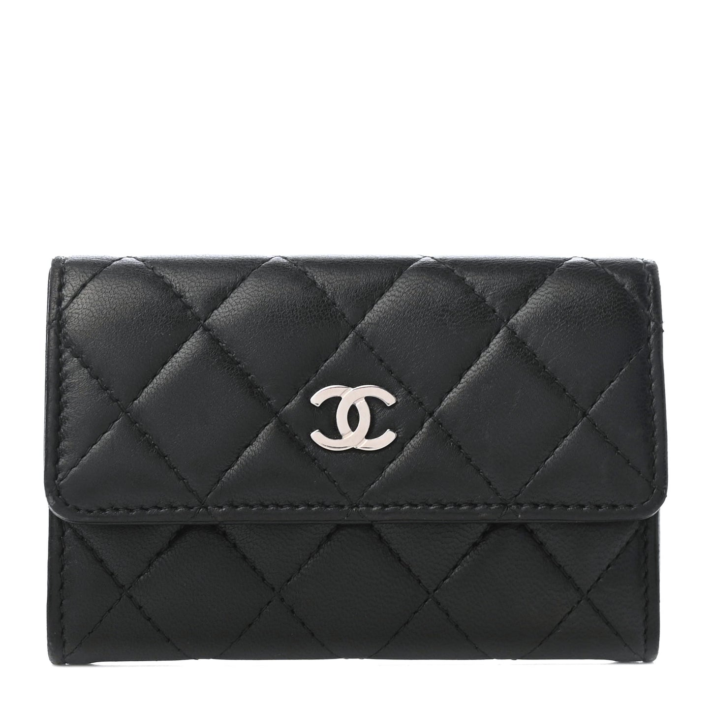 Lambskin Quilted Flap Card Holder Black