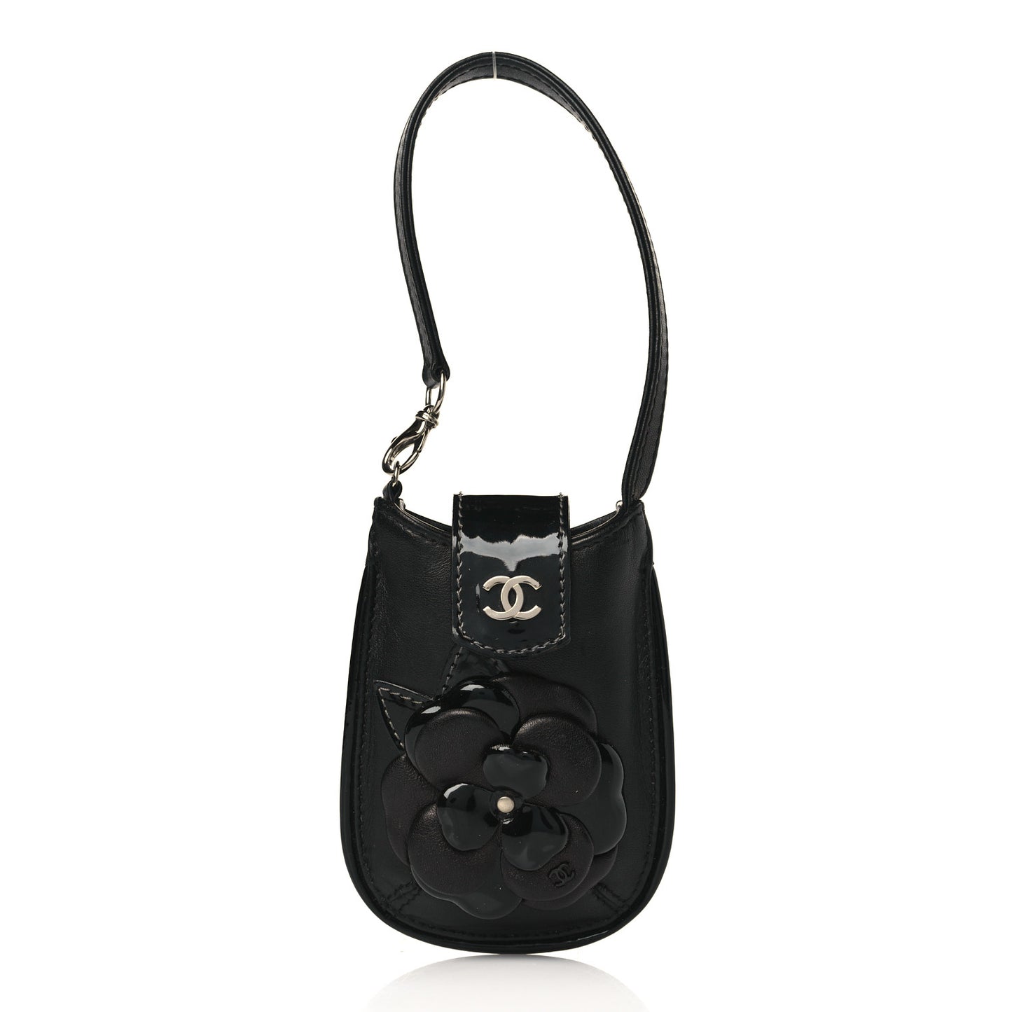 Lambskin Patent Calfskin Camellia Phone Case Black