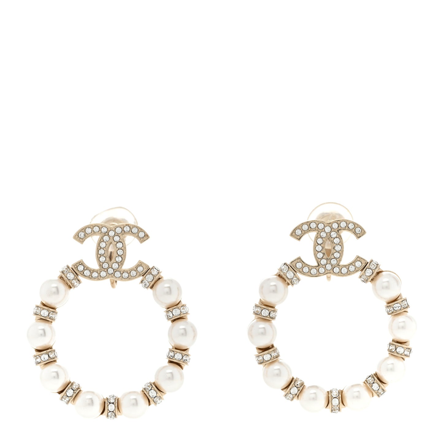 Crystal Pearl CC Door Knocker Hoop Earrings Gold Pearly White