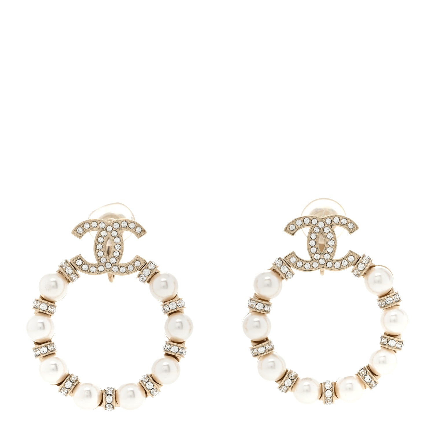 Chanel Crystal Pearl CC Door Knocker Hoop Earrings Gold Pearly White 1 of 6
