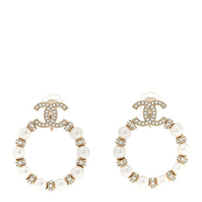 Chanel Crystal Pearl CC Door Knocker Hoop Earrings Gold Pearly White 1 of 6