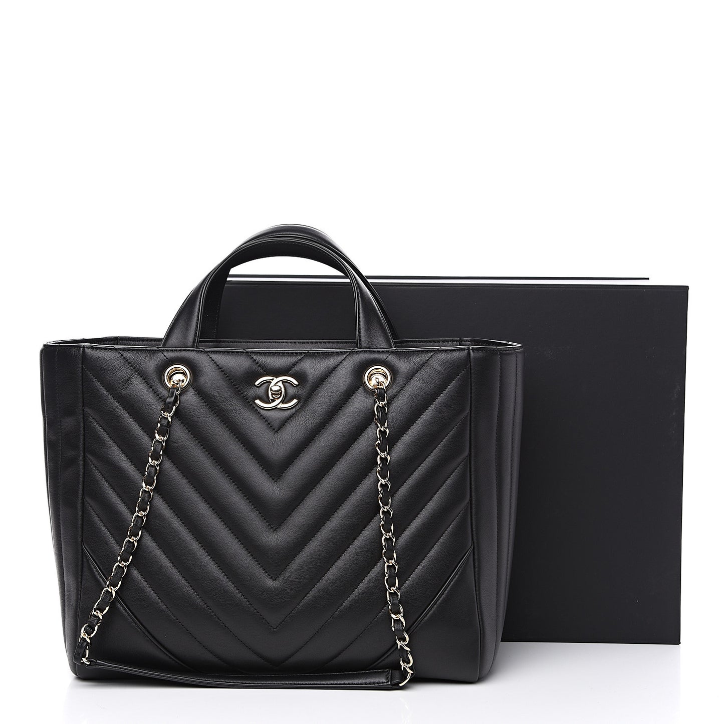 Calfskin Chevron Quilted Statement Shopping Tote Black