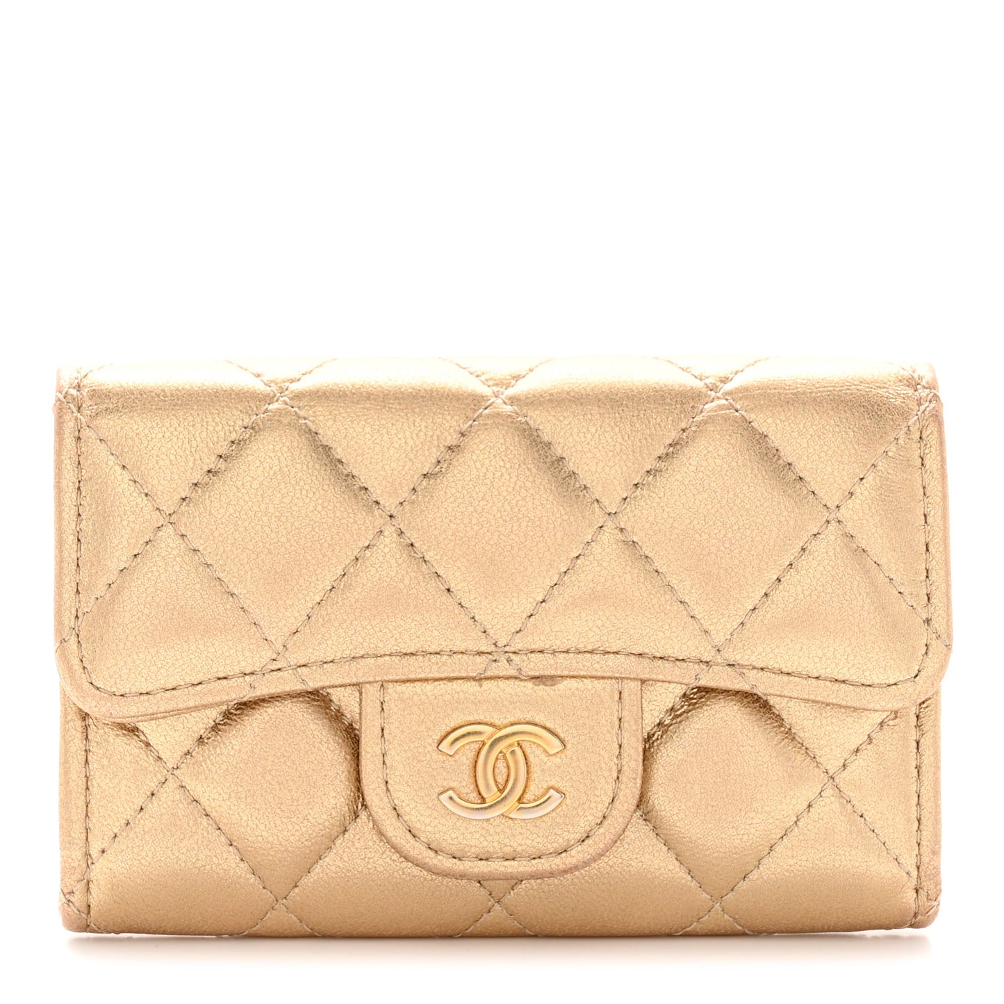 Metallic Lambskin Quilted Flap Card Holder Wallet Gold