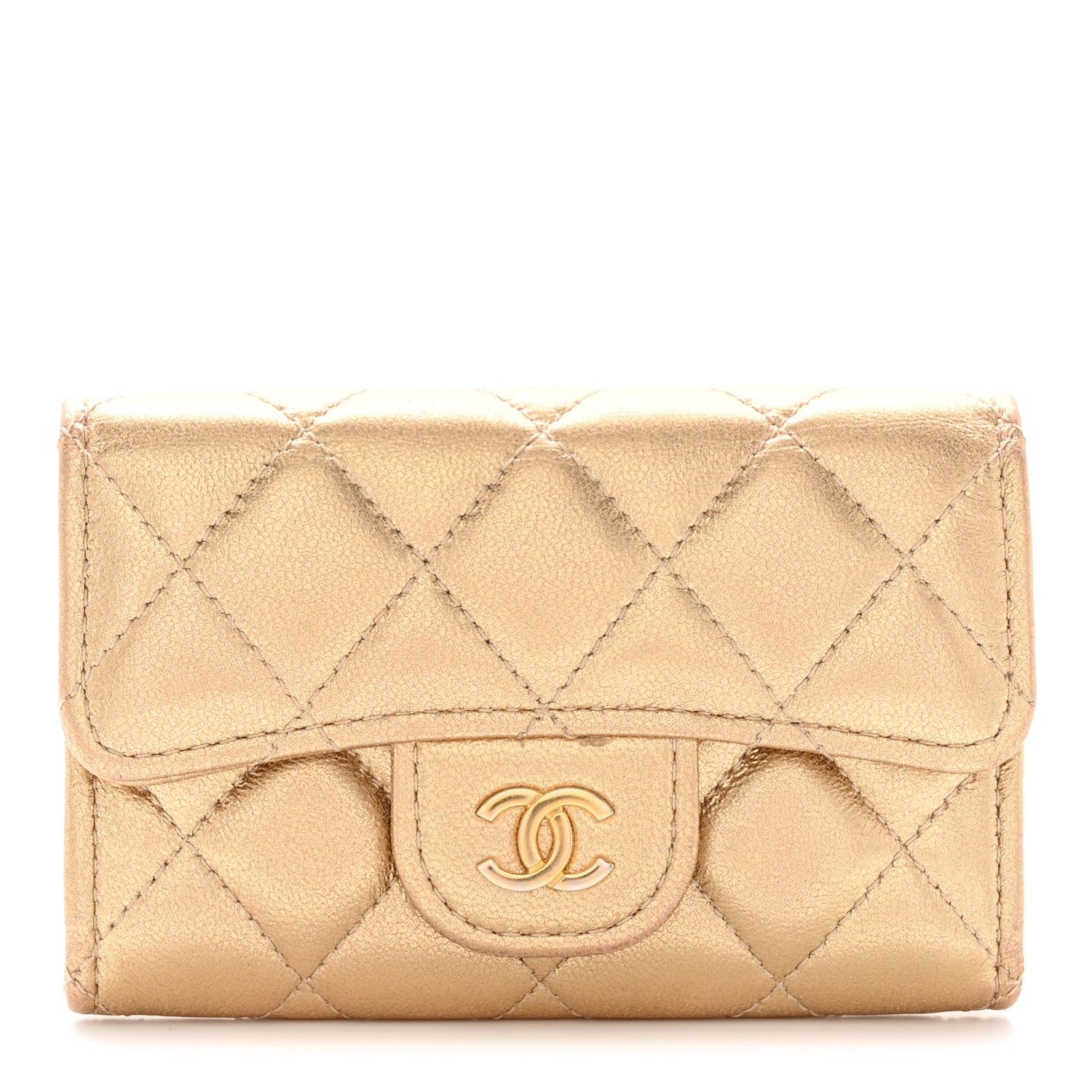 Chanel Metallic Lambskin Quilted Flap Card Holder Wallet Gold 1 of 9