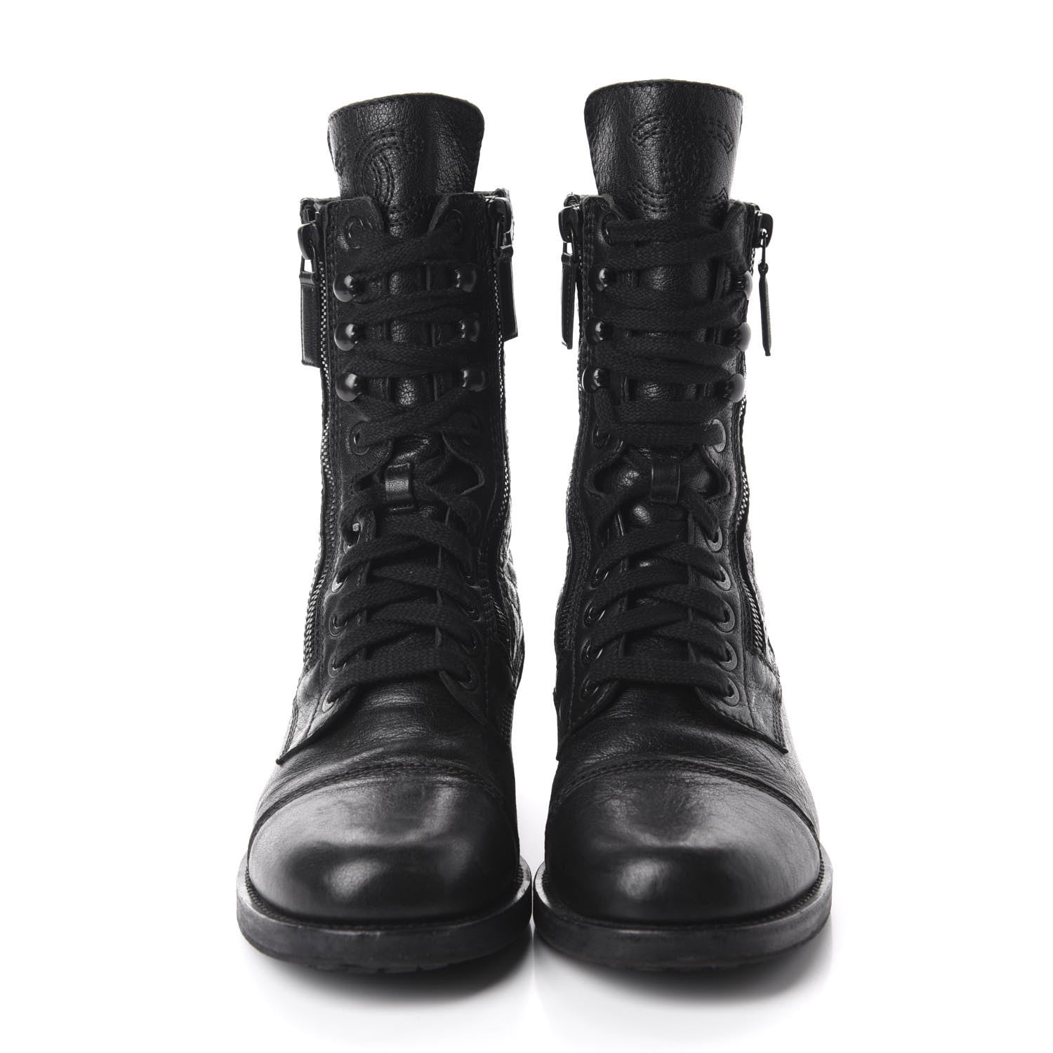 Chanel Sheepskin Quilted CC Tall Lace Up Combat Boots 39 Black 2 of 11
