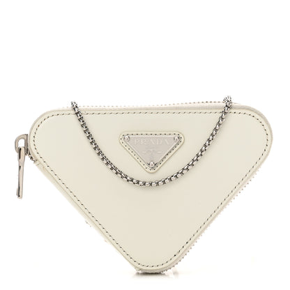 Prada Spazzolato Mini Triangle Chain Crossbody Pouch White 1 of 10
