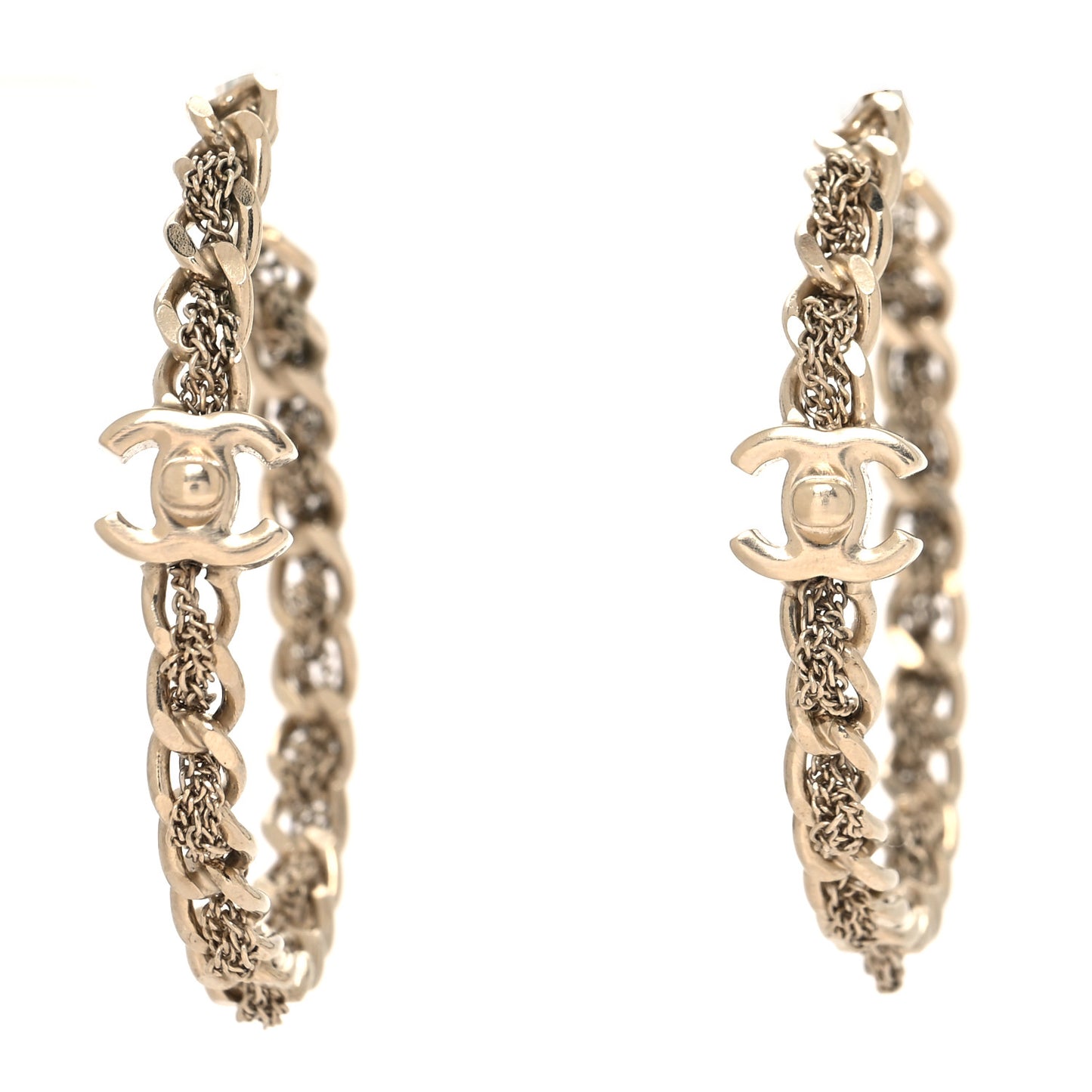 Metal CC Turnlock Chain Hoop Earrings Gold