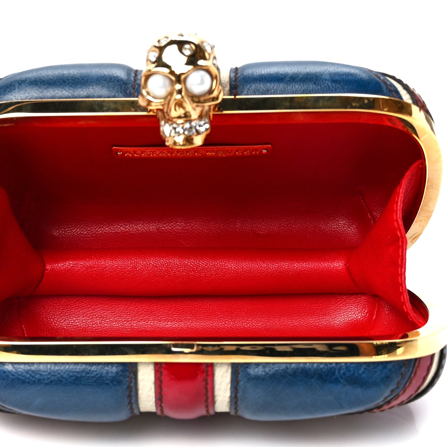 Patent Calfskin Britannia Skull Box Clutch Red Blue