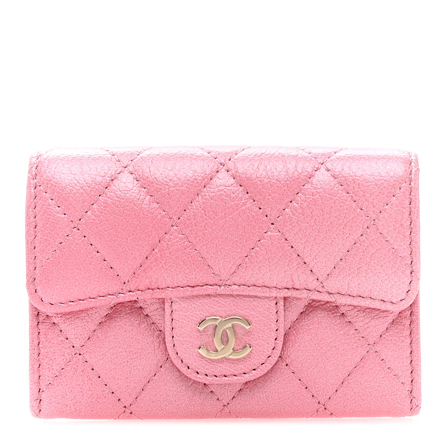 Cloudy Pearly Goatskin Quilted Flap Card Holder Wallet Pink