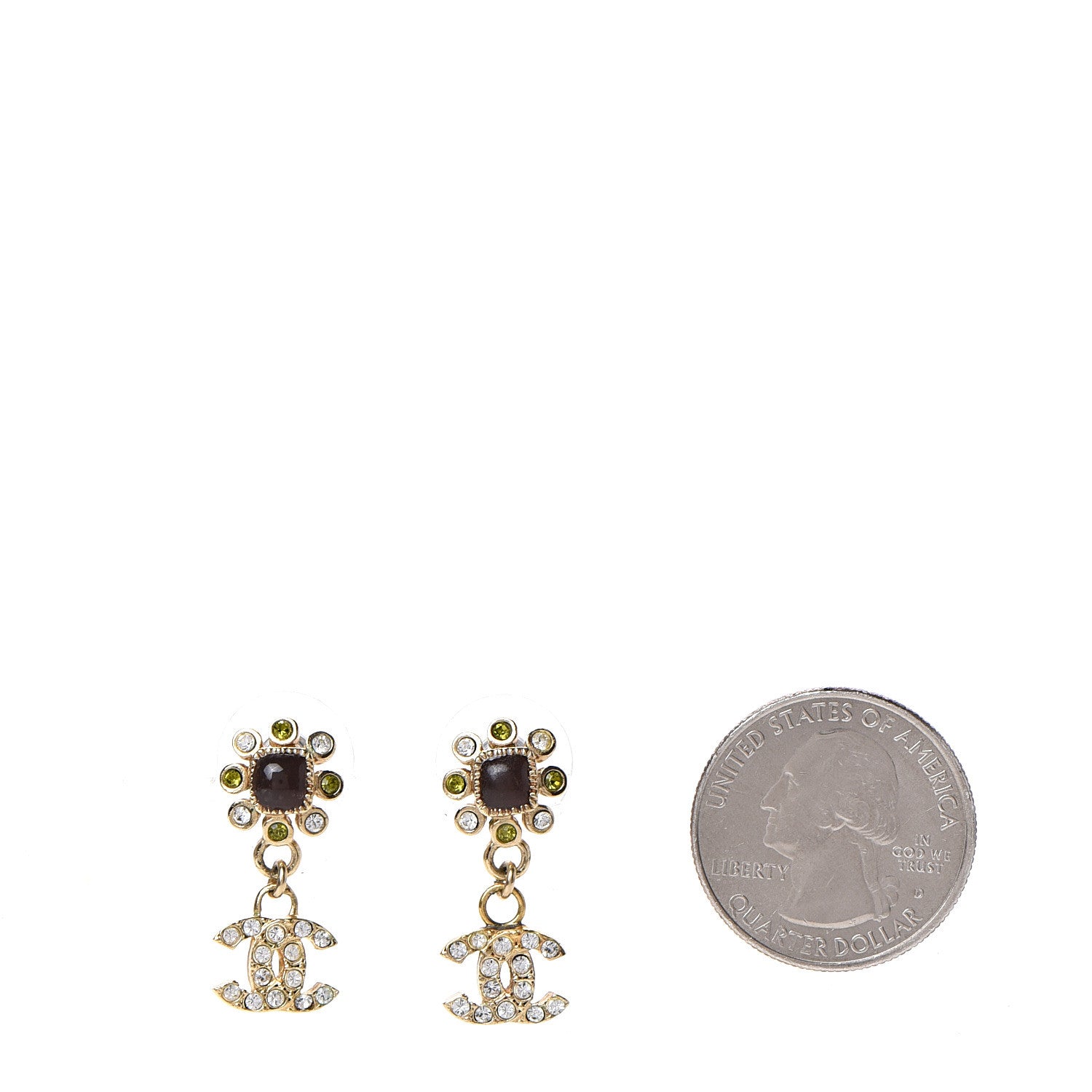 Chanel Enamel Crystal CC Flower Dangle Earrings Gold 2 of 4