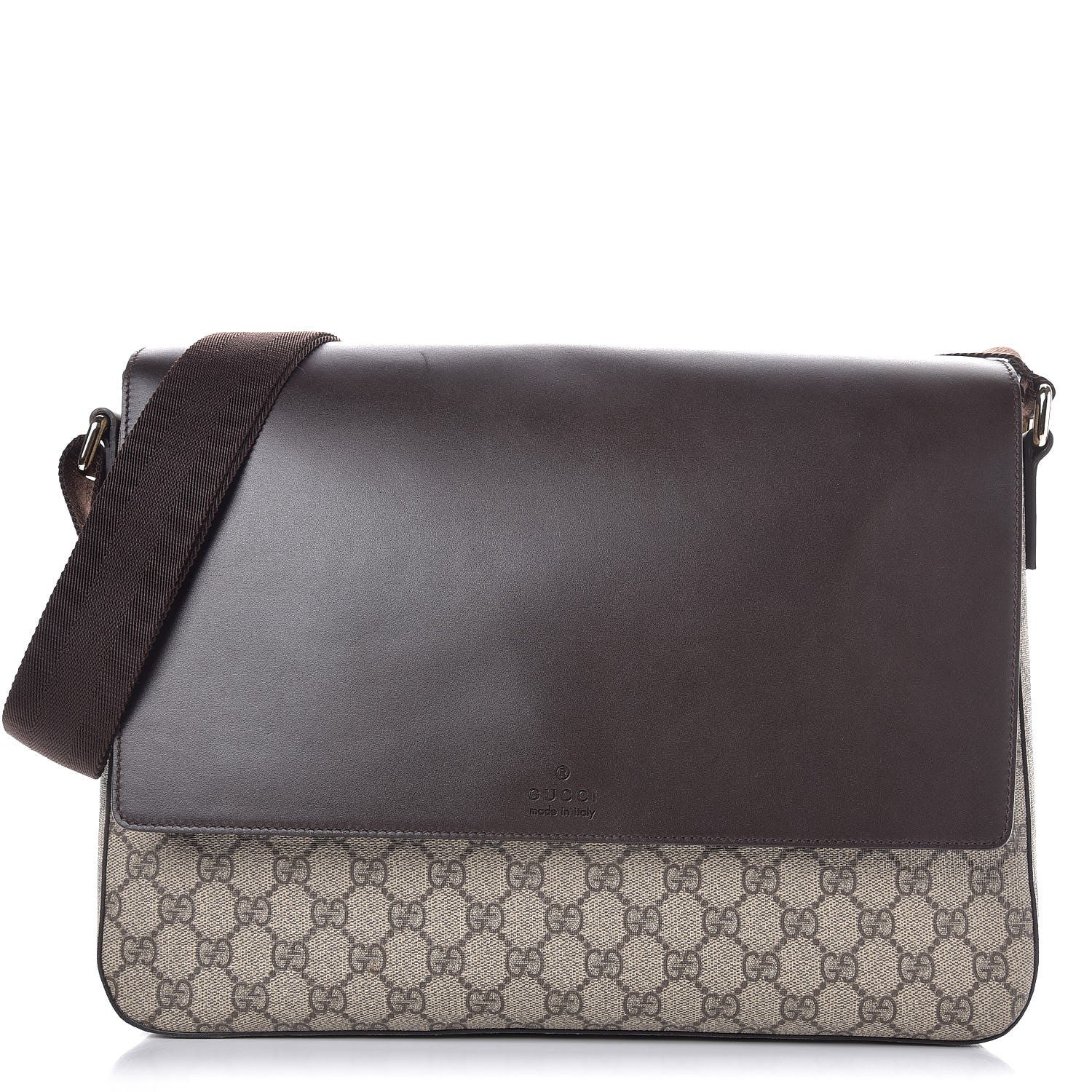 Gucci GG Supreme Monogram Selleria Calfskin Large Satchel Messenger Bag Beige Ebony Cocoa Dark Chocolate 1 of 9