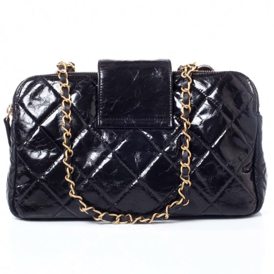 Glazed Calfskin Mademoiselle Zip Shopping Tote Black
