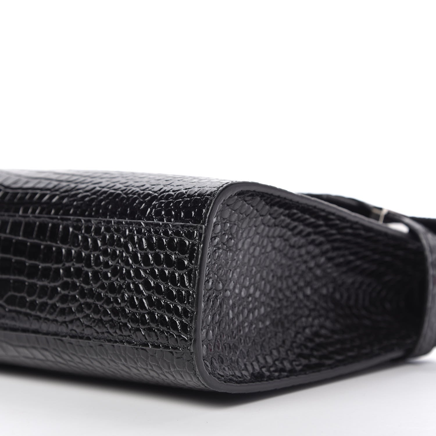 Saint Laurent Shiny Calfskin Crocodile Embossed Manhattan Baguette Black 7 of 9