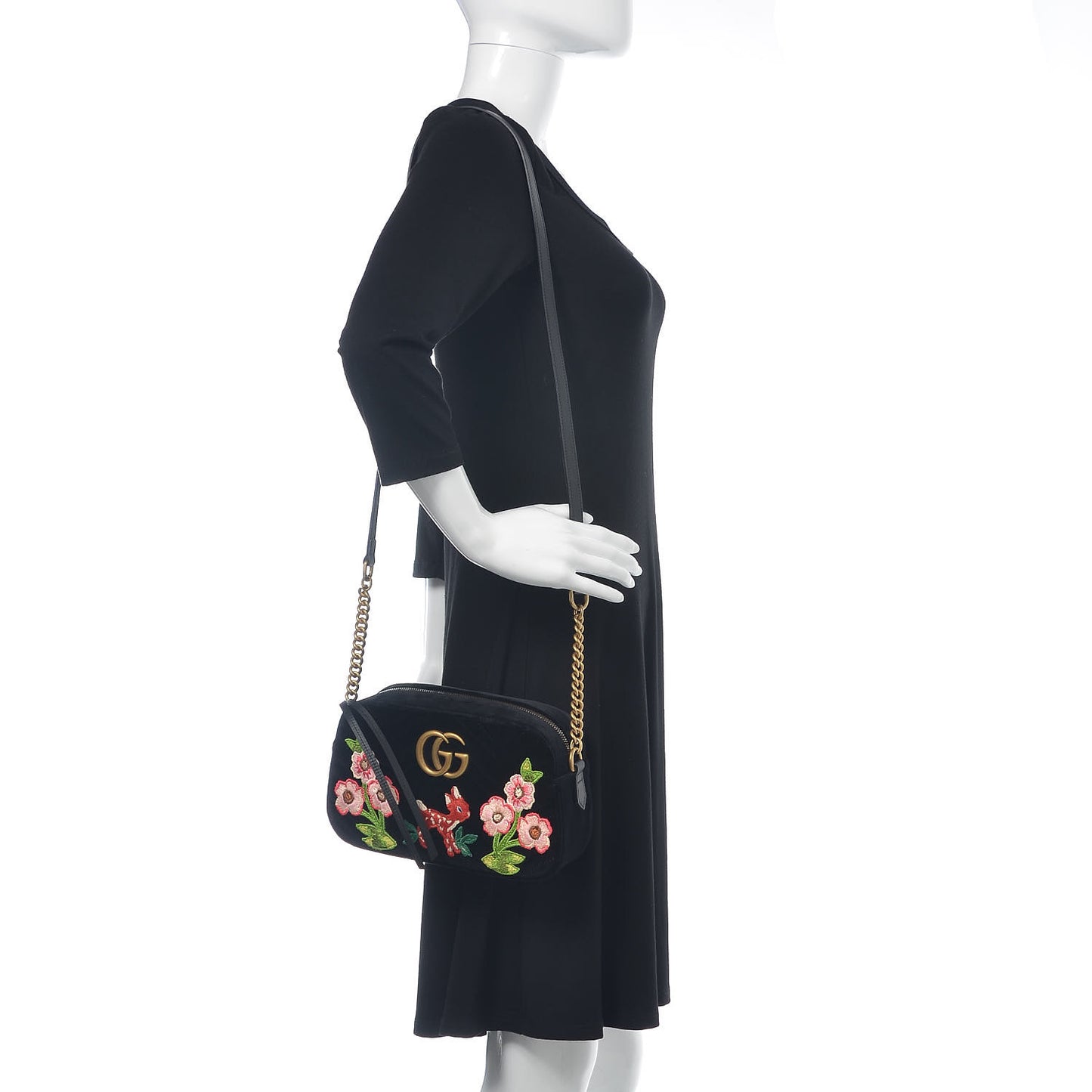 Velvet Matelasse Deer Embroidered Small GG Marmont Chain Shoulder Bag Black