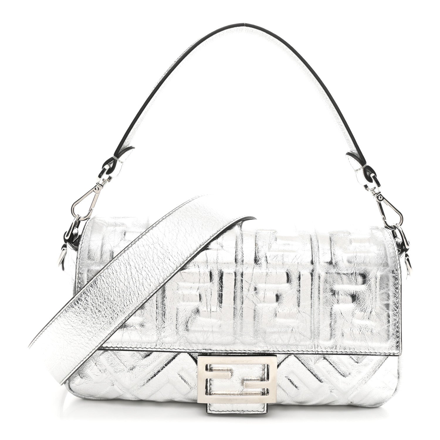 Fendi Vitello Catalan Mirror FF 1974 Embossed Baguette Argento 1 of 10