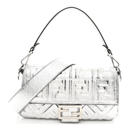 Fendi Vitello Catalan Mirror FF 1974 Embossed Baguette Argento 1 of 10