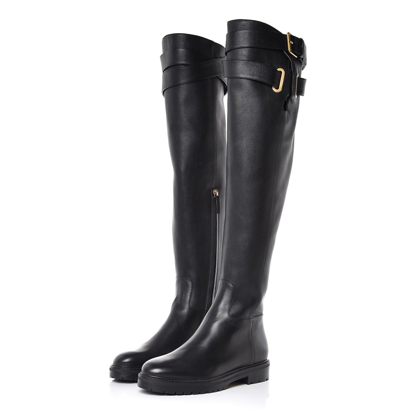 Calfskin Knee High Buckle Boots 36 Black