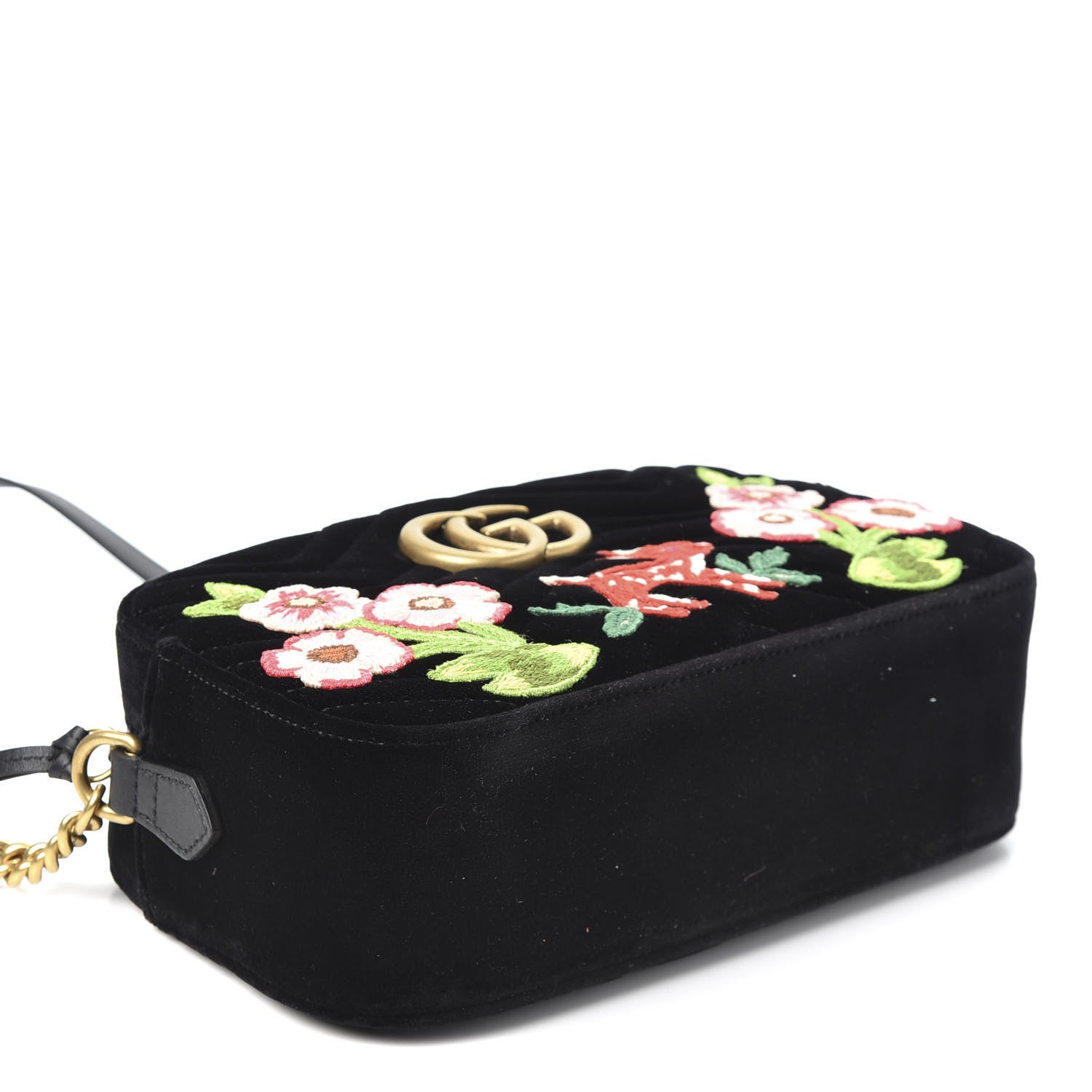 Gucci Velvet Matelasse Deer Embroidered Small GG Marmont Chain Shoulder Bag Black 3 of 9
