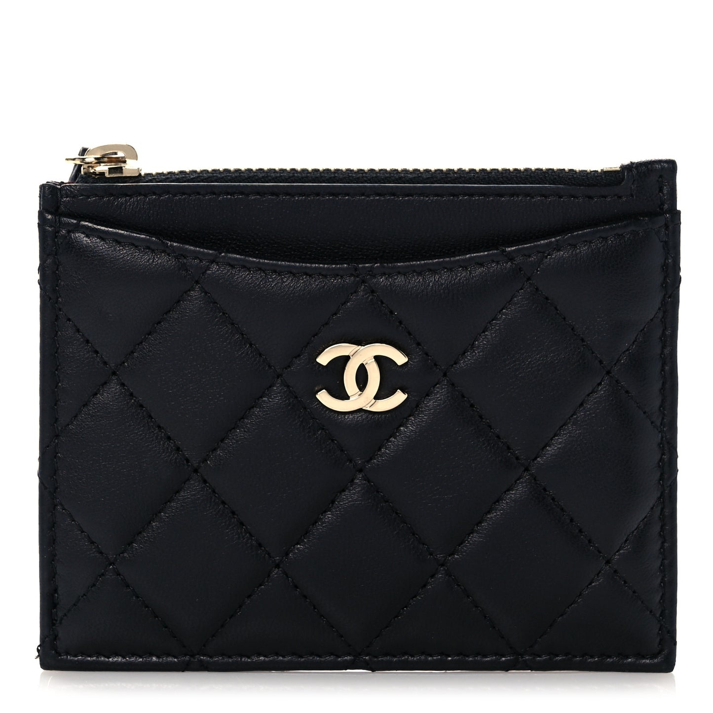 Lambskin Quilted CC Zip Card Holder Black