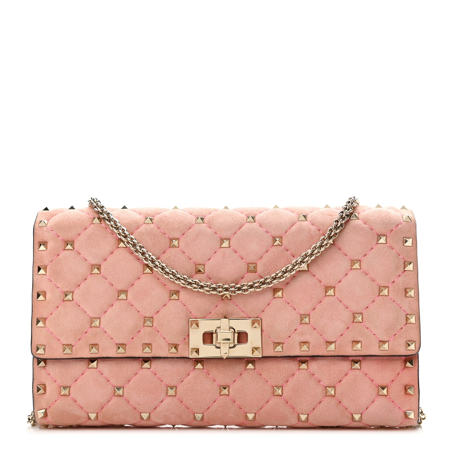 Valentino Garavani Suede Rockstud Spike Wallet on Chain Paradise Rose 1 of 12
