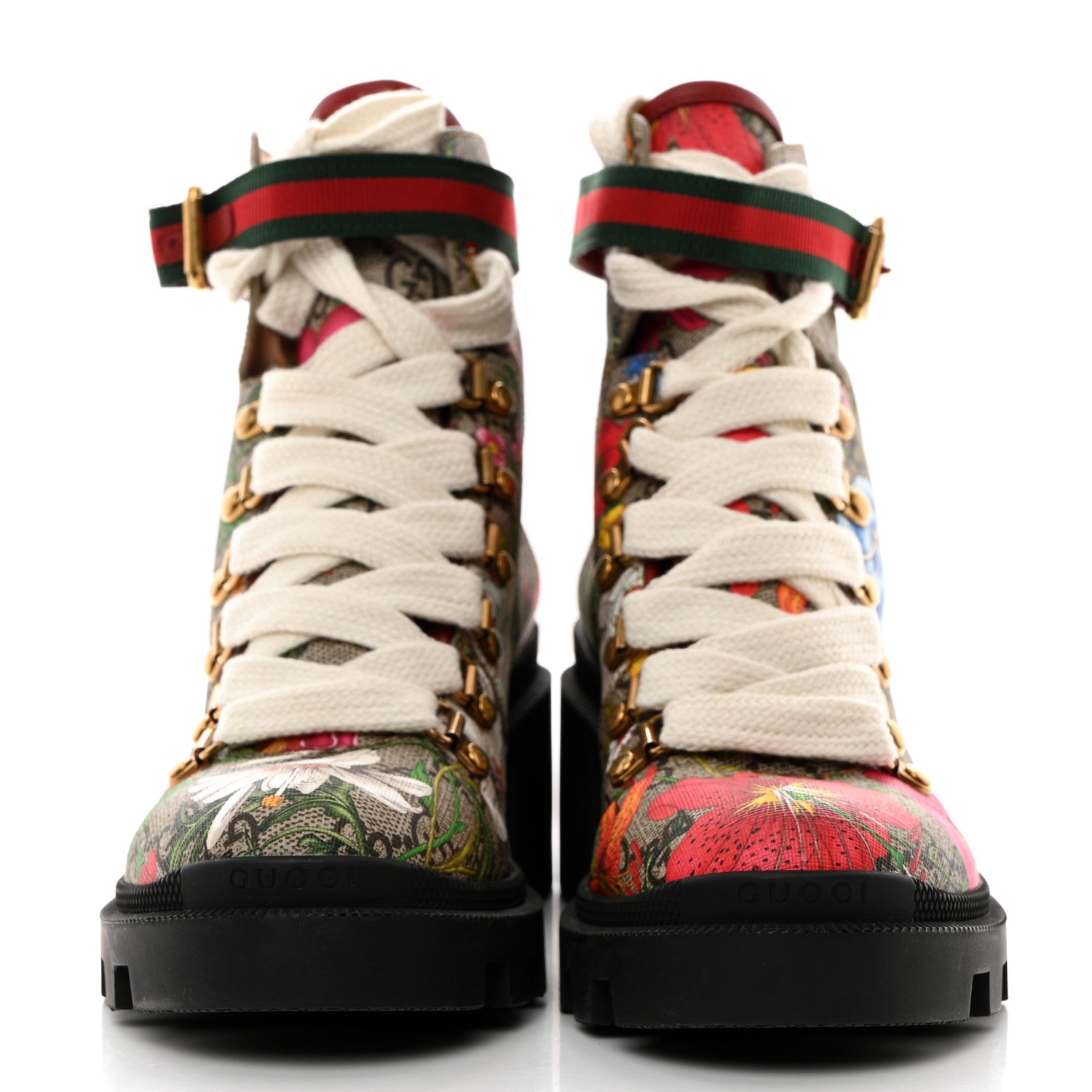 Gucci GG Supreme Monogram Flora Lace Up Combat Ankle Boots 37 Beige Multicolor Red 2 of 9